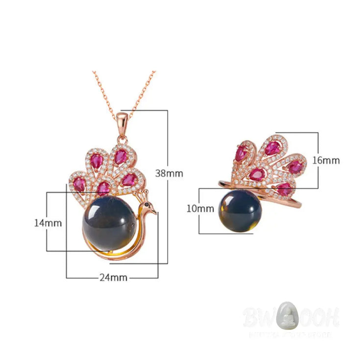 Buddha Stones Peacock Amber Fortune Love Necklace Pendant Ring - BWOOOH - Necklaces &amp; Pendants