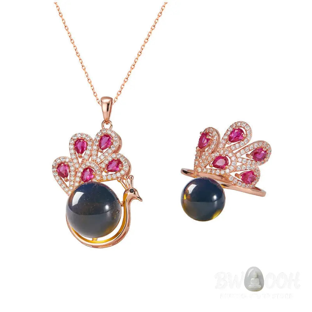 Buddha Stones Peacock Amber Fortune Love Necklace Pendant Ring - BWOOOH - Necklaces &amp; Pendants
