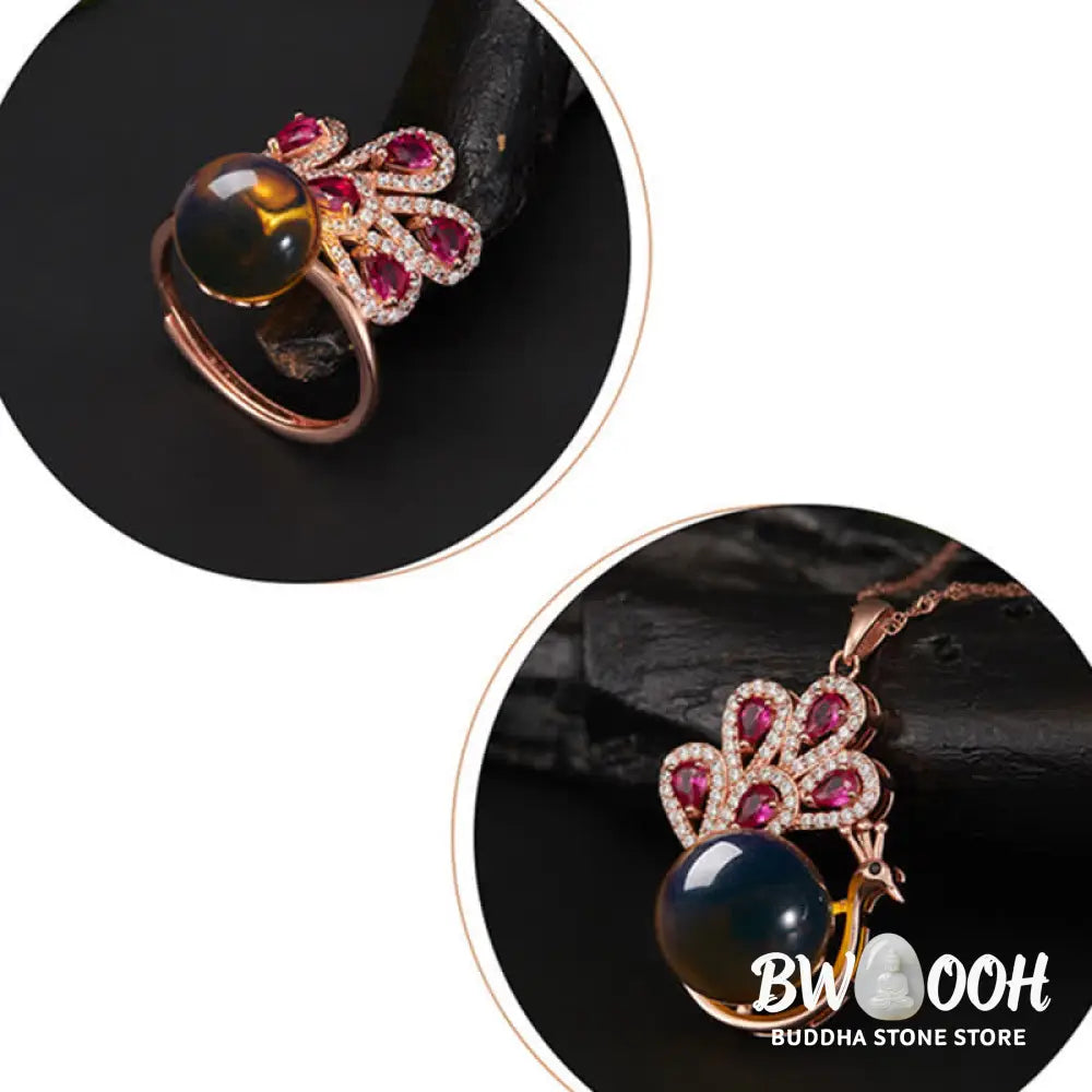 Buddha Stones Peacock Amber Fortune Love Necklace Pendant Ring - BWOOOH - Necklaces &amp; Pendants