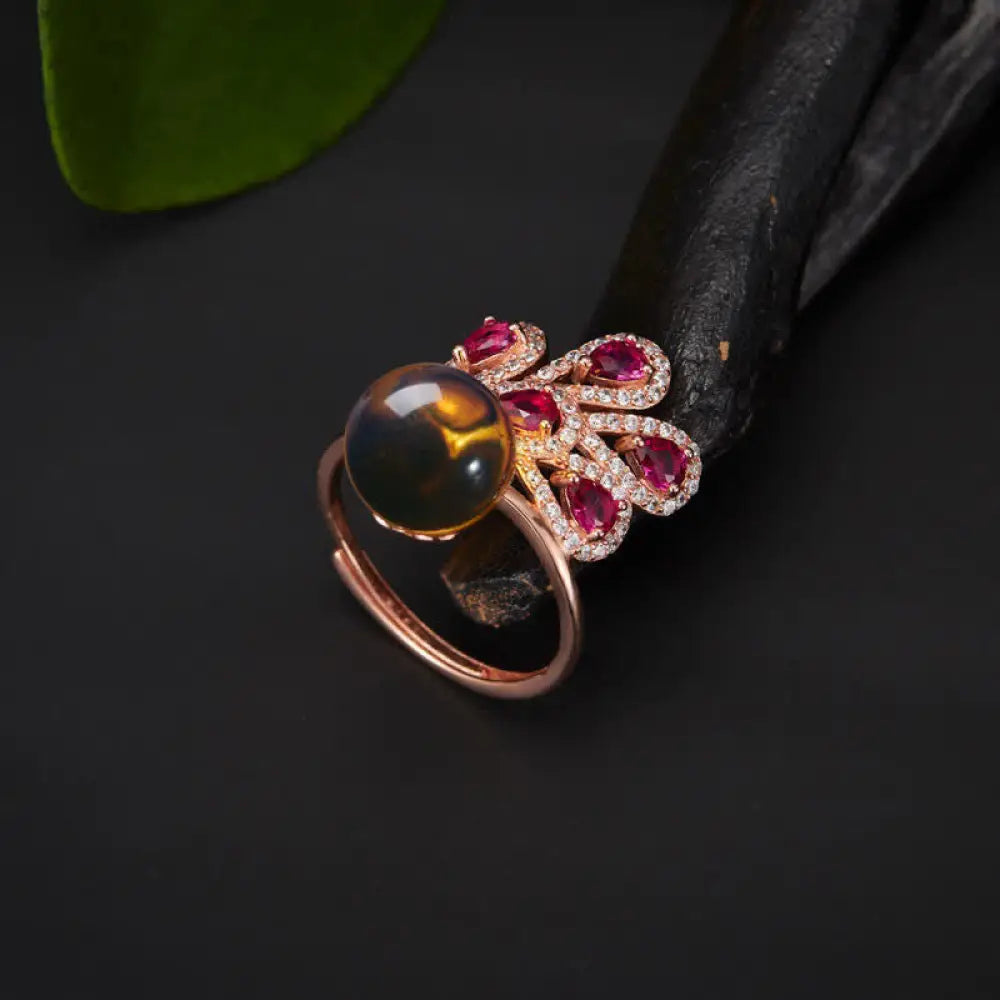 Buddha Stones Peacock Amber Fortune Love Necklace Pendant Ring - BWOOOH - Ring - Necklaces &amp; Pendants