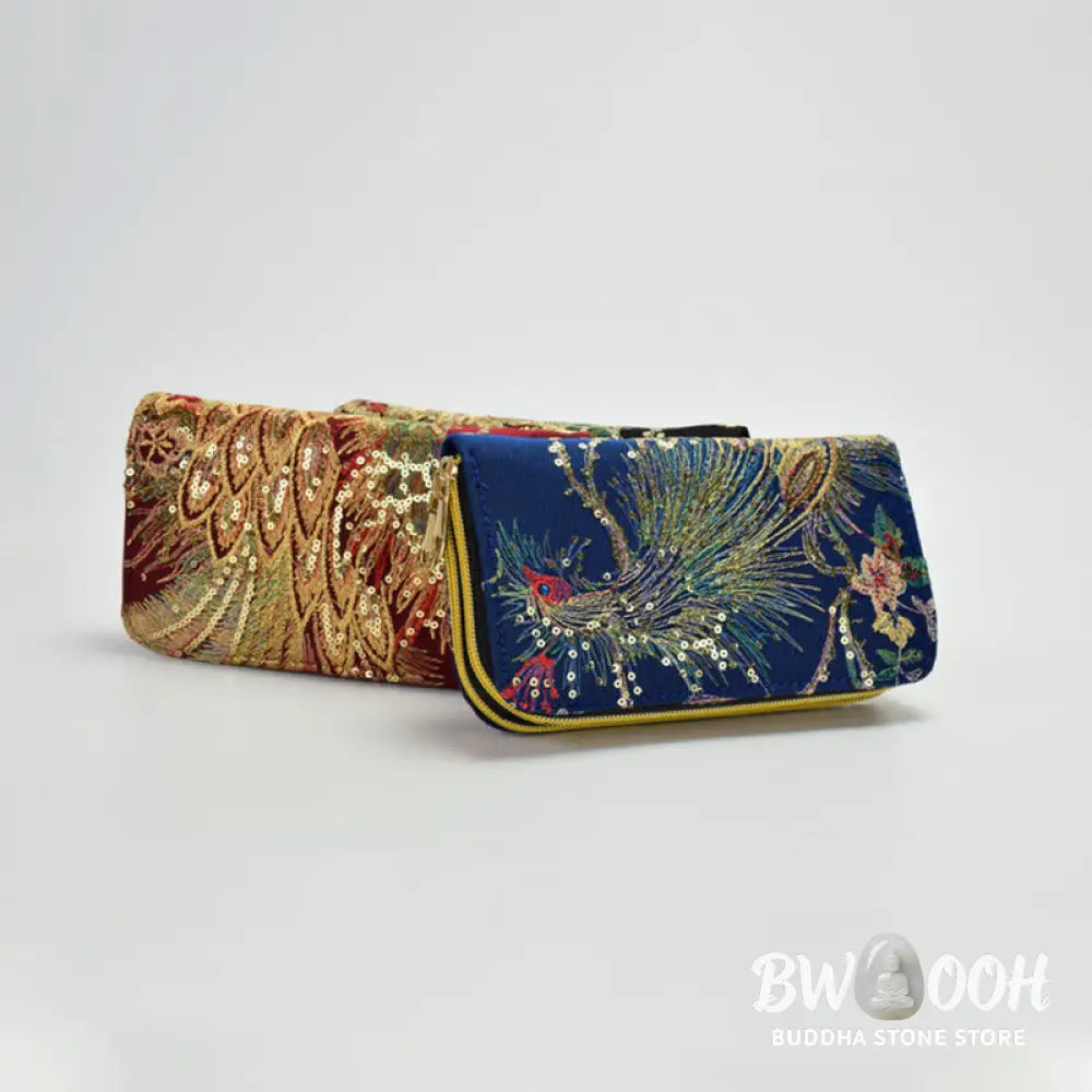 Buddha Stones Peacock Double-sided Embroidery Cash Holder Wallet Shopping Purse - Bag