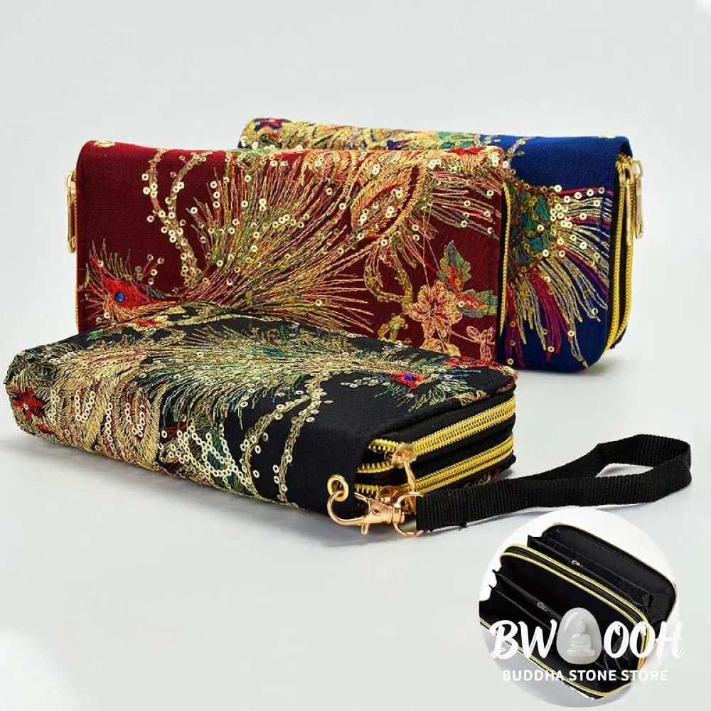 Buddha Stones Peacock Double-sided Embroidery Cash Holder Wallet Shopping Purse - Bag