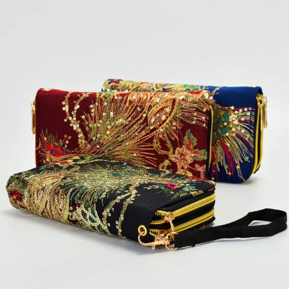 BWOOOH Peacock Double-sided Embroidery Cash Holder Wallet