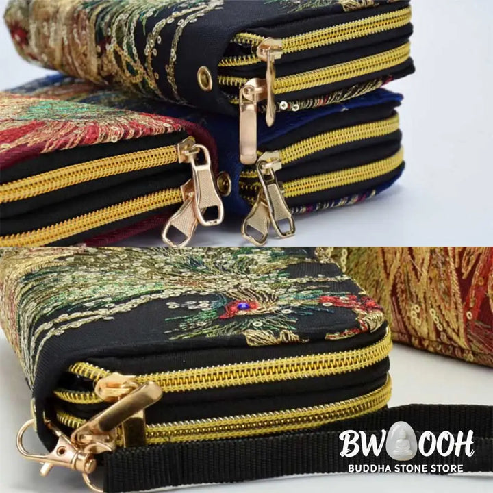 Buddha Stones Peacock Double-sided Embroidery Cash Holder Wallet Shopping Purse - Bag