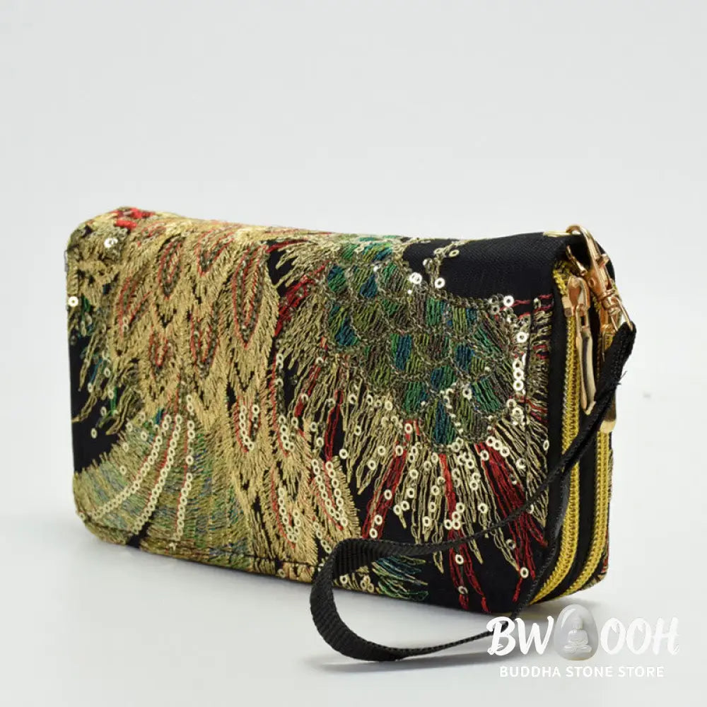 Buddha Stones Peacock Double-sided Embroidery Cash Holder Wallet Shopping Purse - Bag