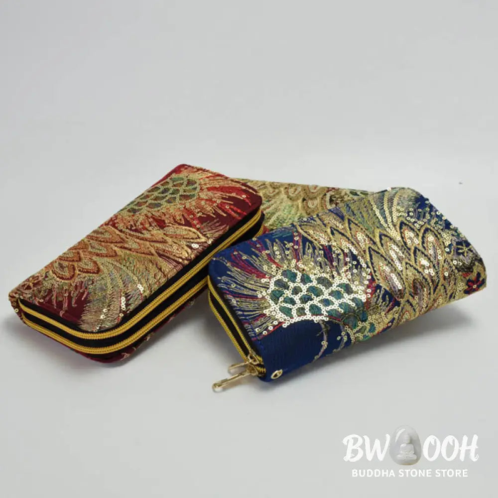 Buddha Stones Peacock Double-sided Embroidery Cash Holder Wallet Shopping Purse - Bag