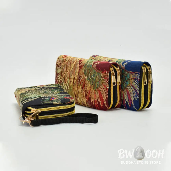 Buddha Stones Peacock Double-sided Embroidery Cash Holder Wallet Shopping Purse - Bag