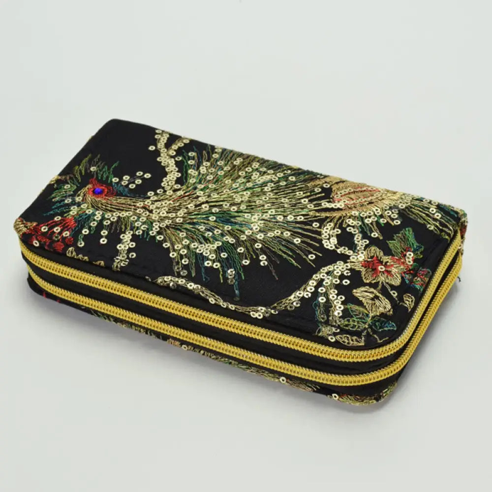 Buddha Stones Peacock Double-sided Embroidery Cash Holder Wallet Shopping Purse - Black Peacock - Bag