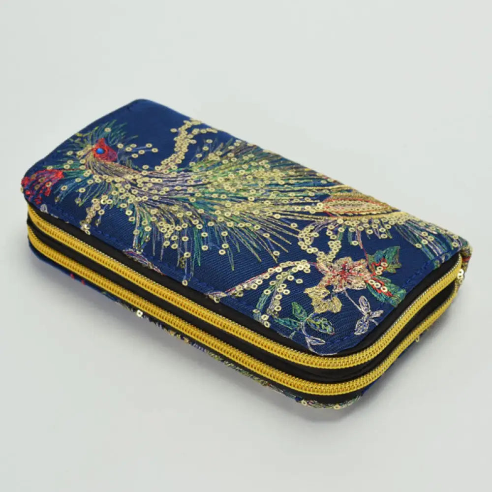 Buddha Stones Peacock Double-sided Embroidery Cash Holder Wallet Shopping Purse - Dark Blue Peacock - Bag