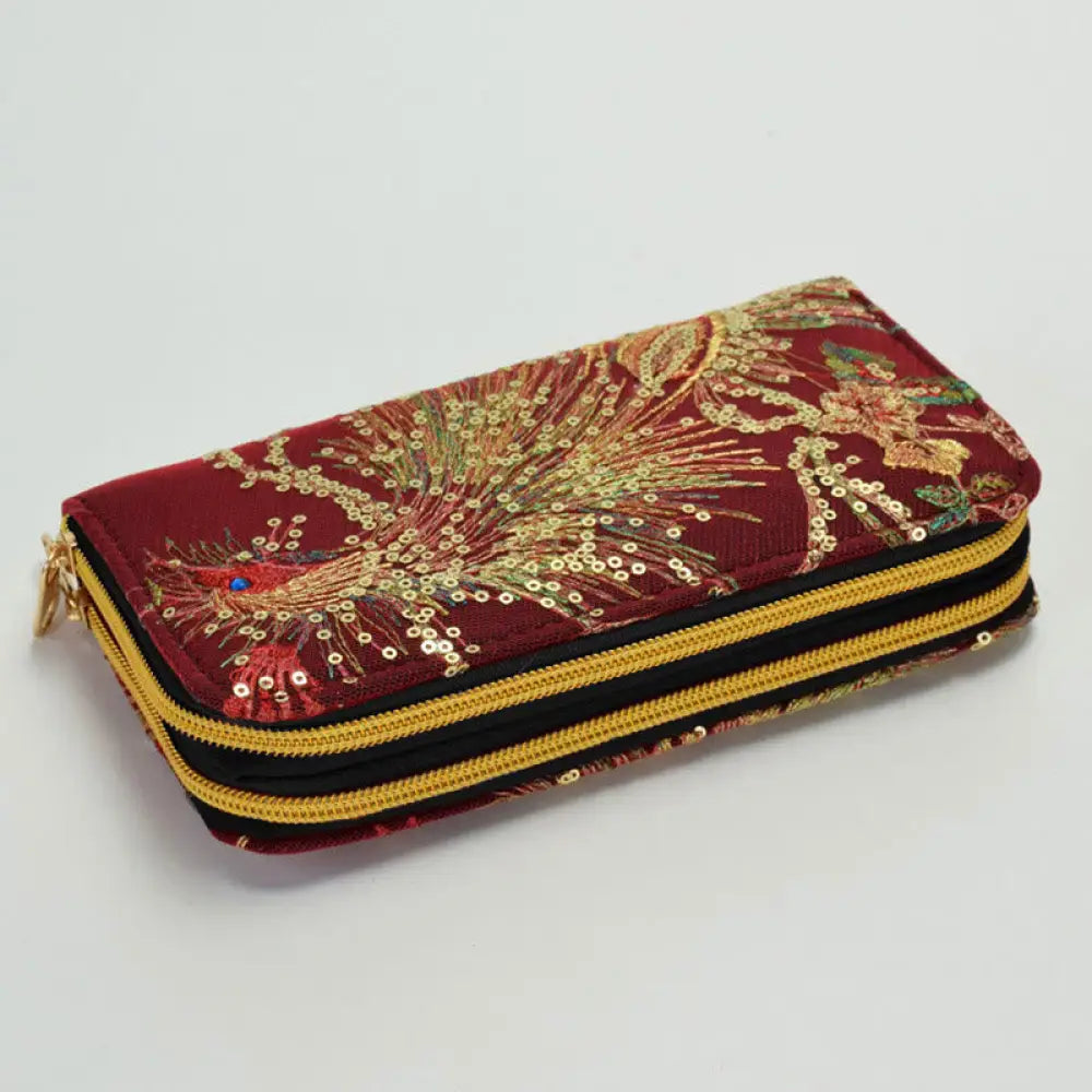 Buddha Stones Peacock Double-sided Embroidery Cash Holder Wallet Shopping Purse - Wine Red Peacock - Bag