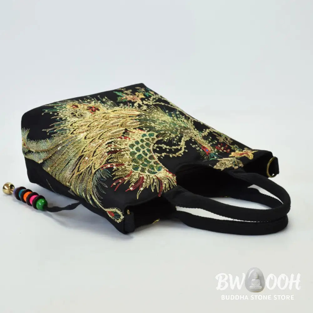 Buddha Stones Peacock Double-sided Embroidery Tote Bag Shoulder Bag Crossbody Bag - Bag
