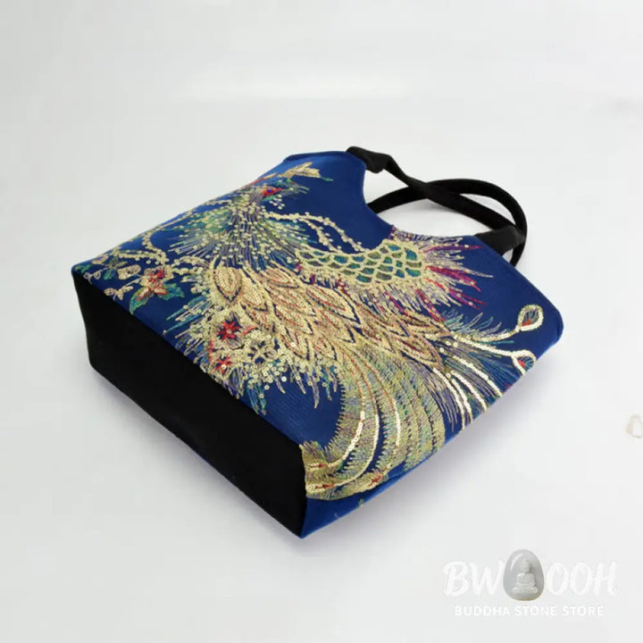 Buddha Stones Peacock Double-sided Embroidery Tote Bag Shoulder Bag Crossbody Bag - Bag