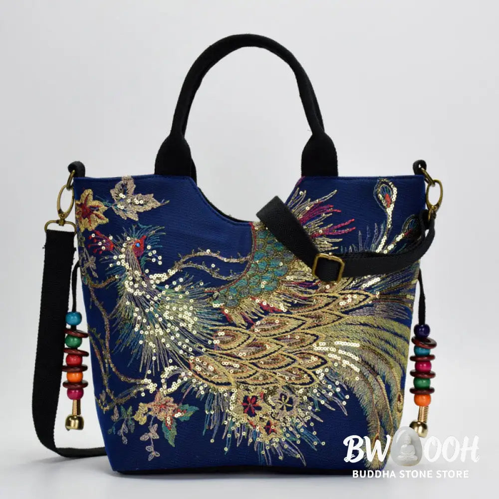 Buddha Stones Peacock Double-sided Embroidery Tote Bag Shoulder Bag Crossbody Bag - Bag