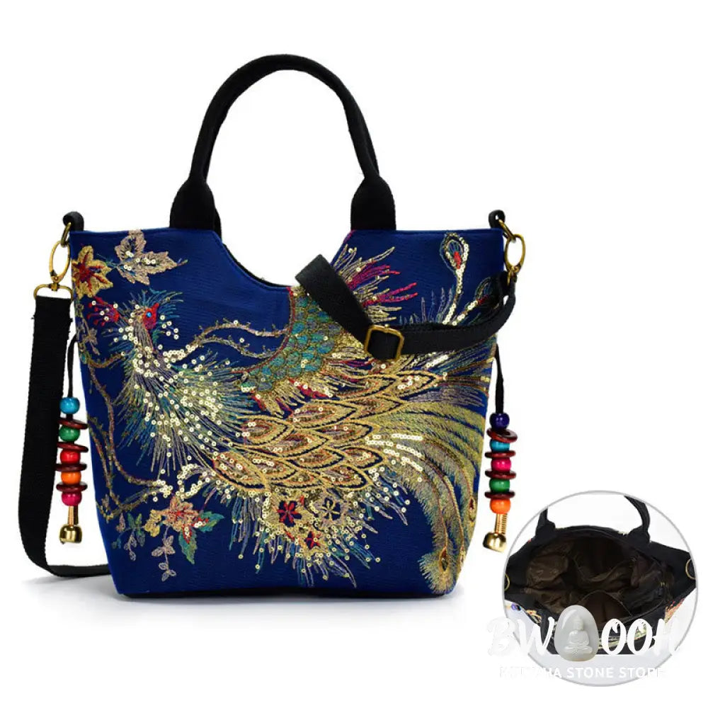 Buddha Stones Peacock Double-sided Embroidery Tote Bag Shoulder Bag Crossbody Bag - Bag