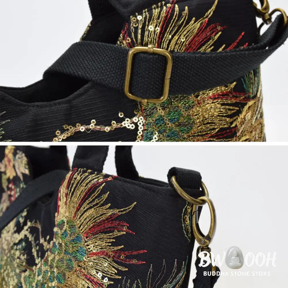 Buddha Stones Peacock Double-sided Embroidery Tote Bag Shoulder Bag Crossbody Bag - Bag