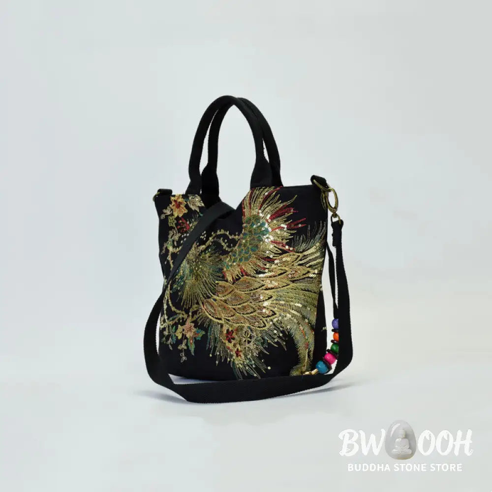Buddha Stones Peacock Double-sided Embroidery Tote Bag Shoulder Bag Crossbody Bag - Bag