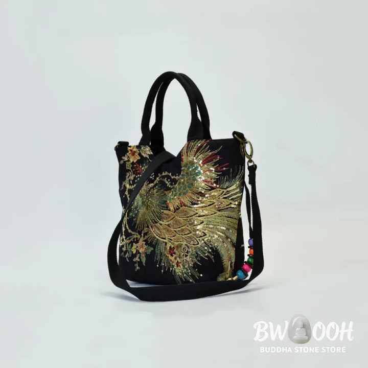 Buddha Stones Peacock Double-sided Embroidery Tote Bag Shoulder Bag Crossbody Bag - Bag