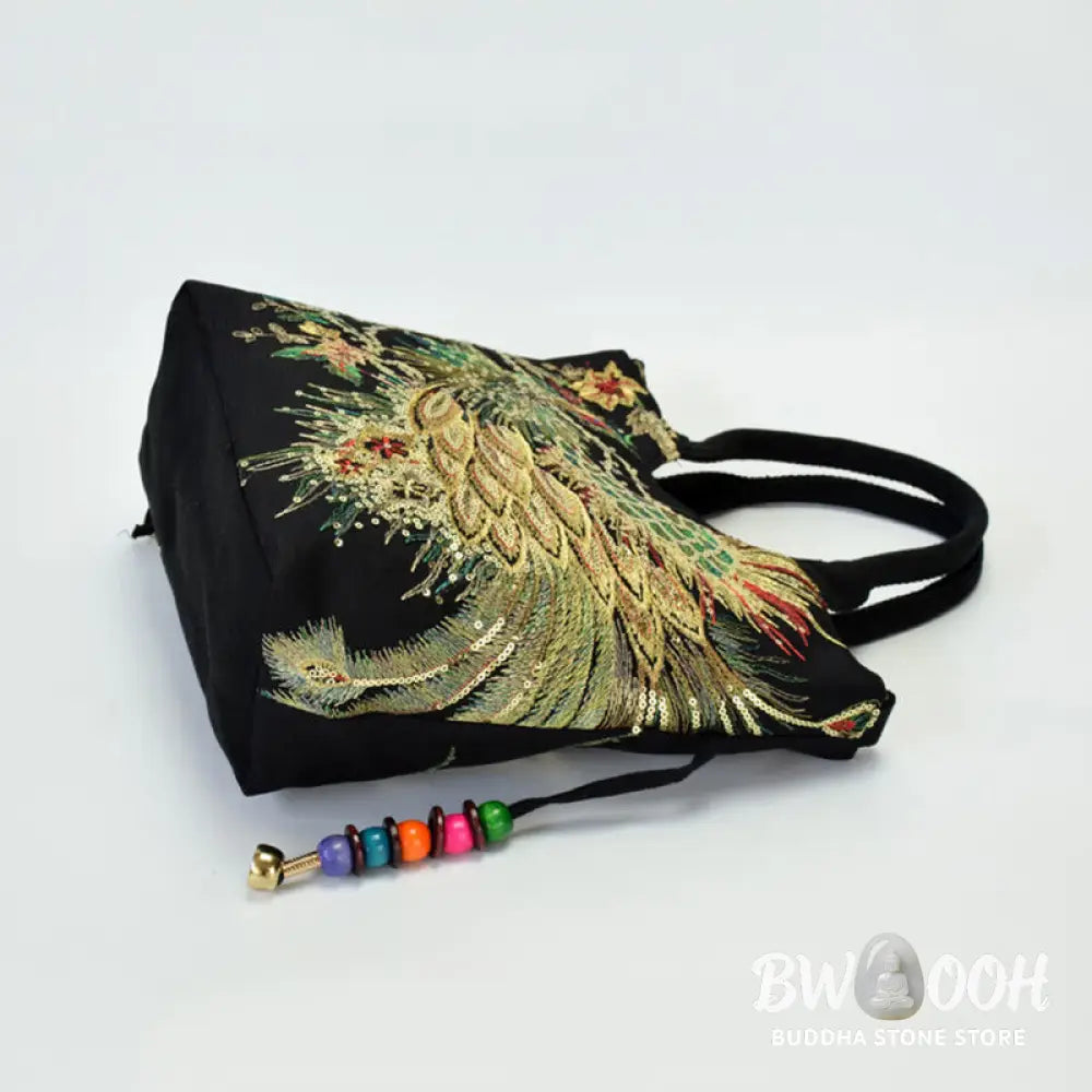 Buddha Stones Peacock Double-sided Embroidery Tote Bag Shoulder Bag Crossbody Bag - Bag