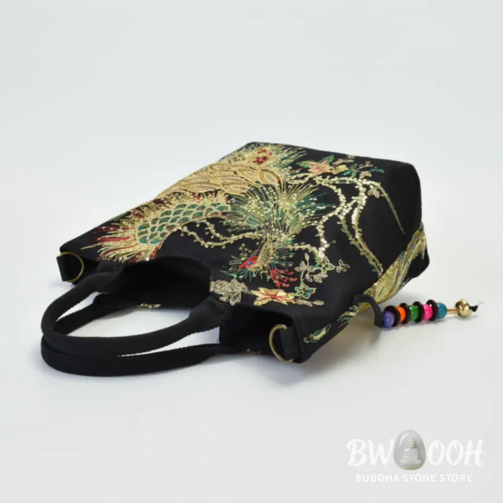 Buddha Stones Peacock Double-sided Embroidery Tote Bag Shoulder Bag Crossbody Bag - Bag