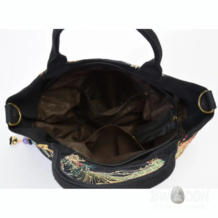 Buddha Stones Peacock Double-sided Embroidery Tote Bag Shoulder Bag Crossbody Bag - Bag