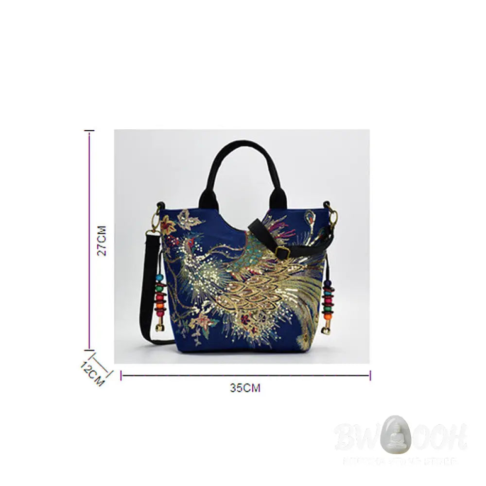 Buddha Stones Peacock Double-sided Embroidery Tote Bag Shoulder Bag Crossbody Bag - Bag