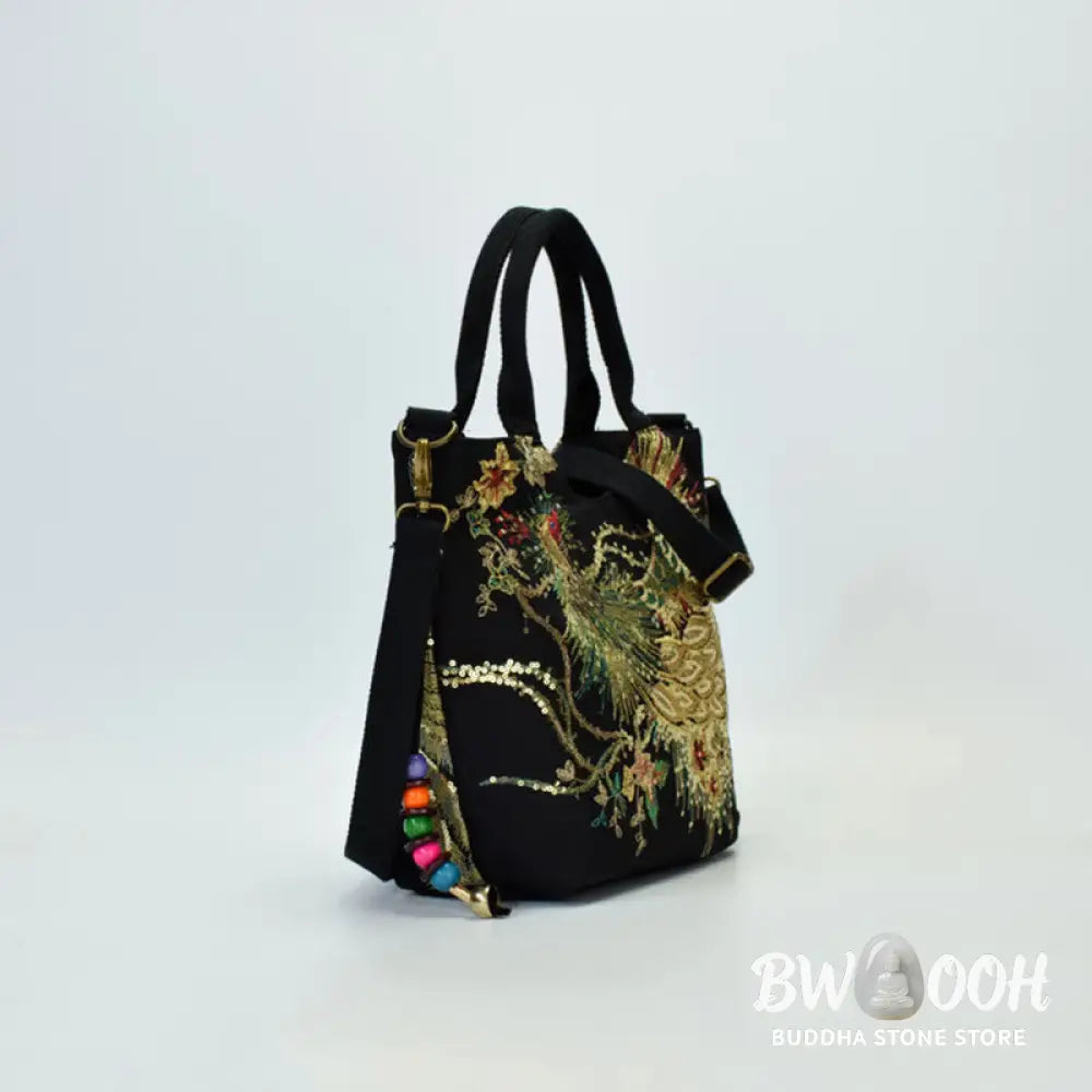 Buddha Stones Peacock Double-sided Embroidery Tote Bag Shoulder Bag Crossbody Bag - Bag