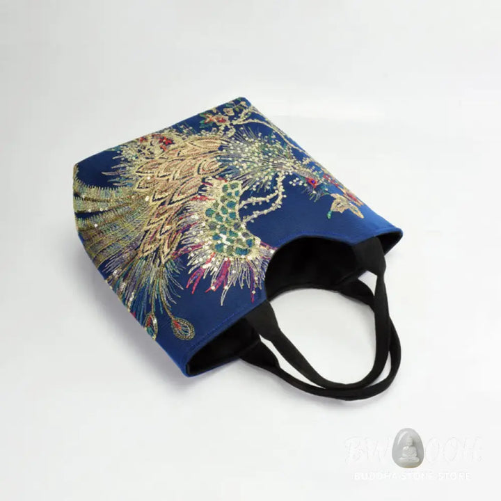 Buddha Stones Peacock Double-sided Embroidery Tote Bag Shoulder Bag Crossbody Bag - Bag