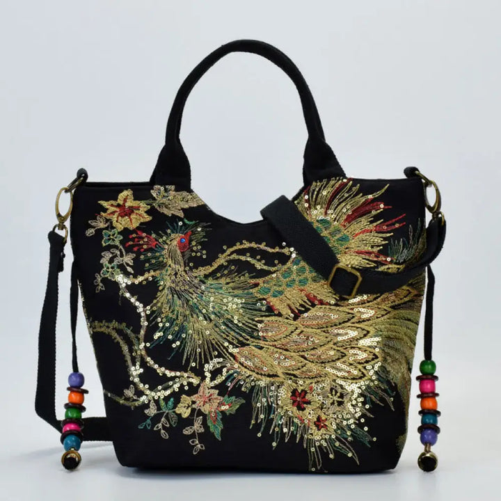Buddha Stones Peacock Double-sided Embroidery Tote Bag Shoulder Bag Crossbody Bag - Black Peacock / Shoulder Bag/Tote