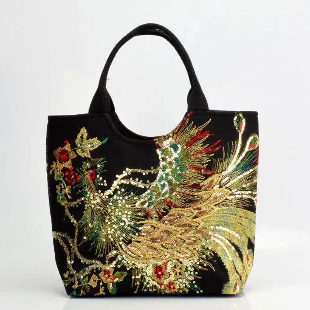 Buddha Stones Peacock Double-sided Embroidery Tote Bag Shoulder Bag Crossbody Bag - Black Peacock / Simple Tote Bag