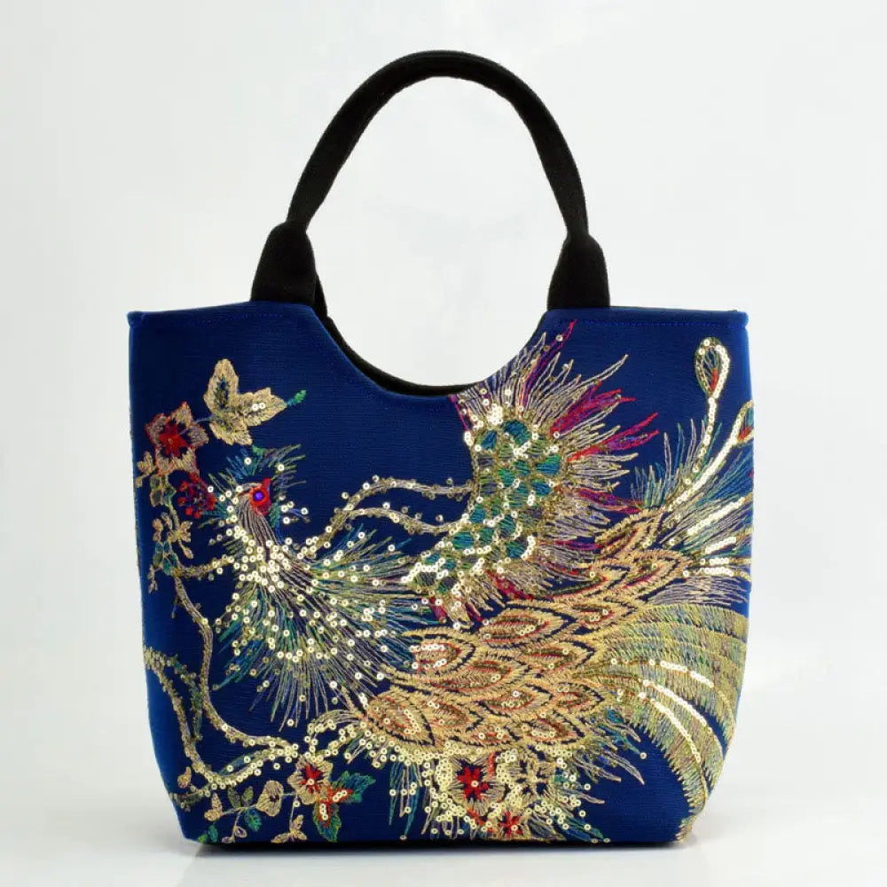 Buddha Stones Peacock Double-sided Embroidery Tote Bag Shoulder Bag Crossbody Bag - Dark Blue Peacock / Simple Tote Bag