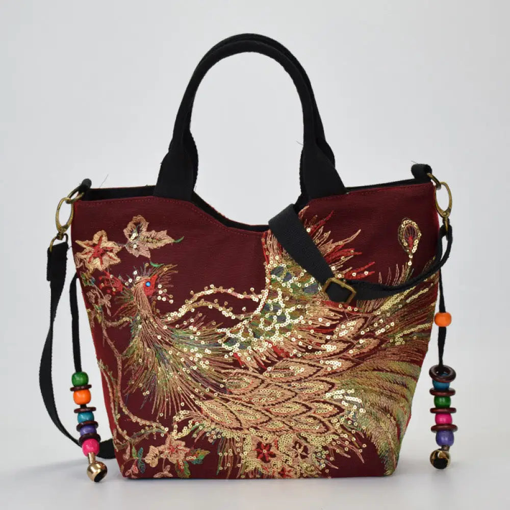 Buddha Stones Peacock Double-sided Embroidery Tote Bag Shoulder Bag Crossbody Bag - Wine Red Peacock / Shoulder
