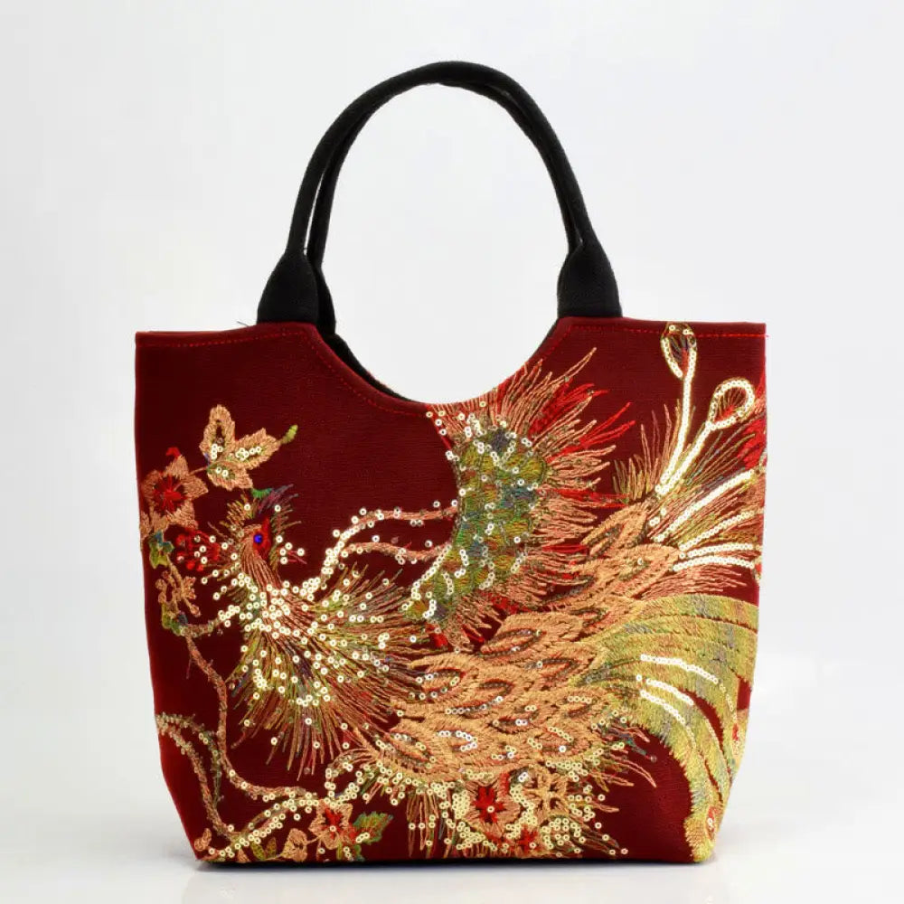 Buddha Stones Peacock Double-sided Embroidery Tote Bag Shoulder Bag Crossbody Bag - Wine Red Peacock / Simple Tote Bag