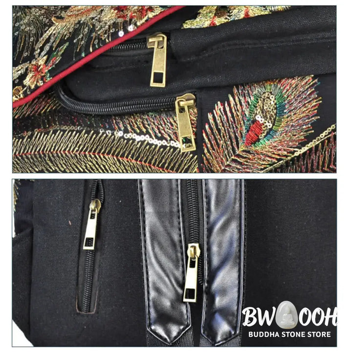 Buddha Stones Peacock Embroidery Canvas Tassel Backpack - Backpack