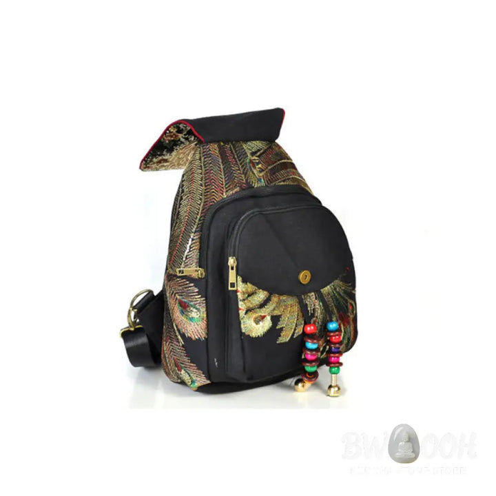 Buddha Stones Peacock Embroidery Canvas Tassel Backpack - Backpack