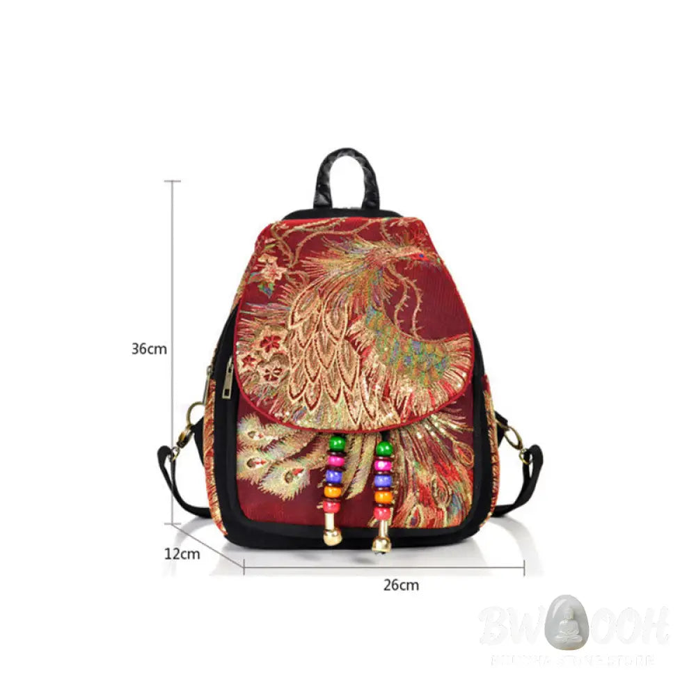 Buddha Stones Peacock Embroidery Canvas Tassel Backpack - Backpack
