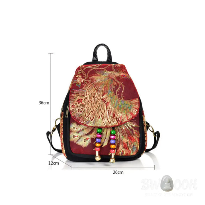 Buddha Stones Peacock Embroidery Canvas Tassel Backpack - Backpack