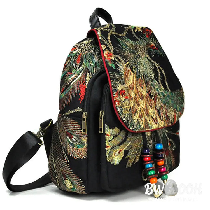 Buddha Stones Peacock Embroidery Canvas Tassel Backpack - Backpack
