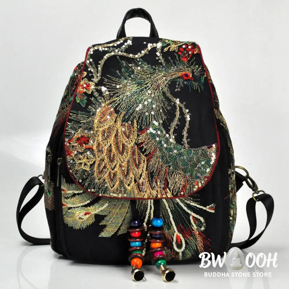 Buddha Stones Peacock Embroidery Canvas Tassel Backpack - Backpack