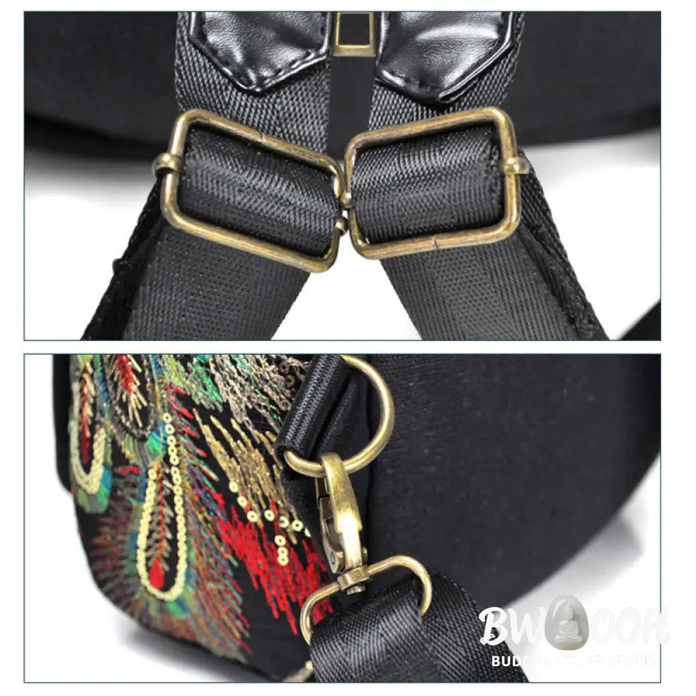 Buddha Stones Peacock Embroidery Canvas Tassel Backpack - Backpack
