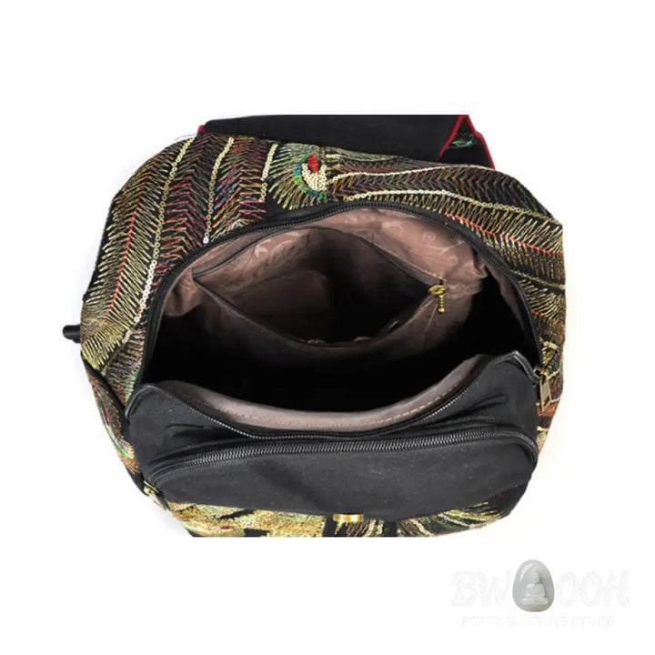 Buddha Stones Peacock Embroidery Canvas Tassel Backpack - Backpack