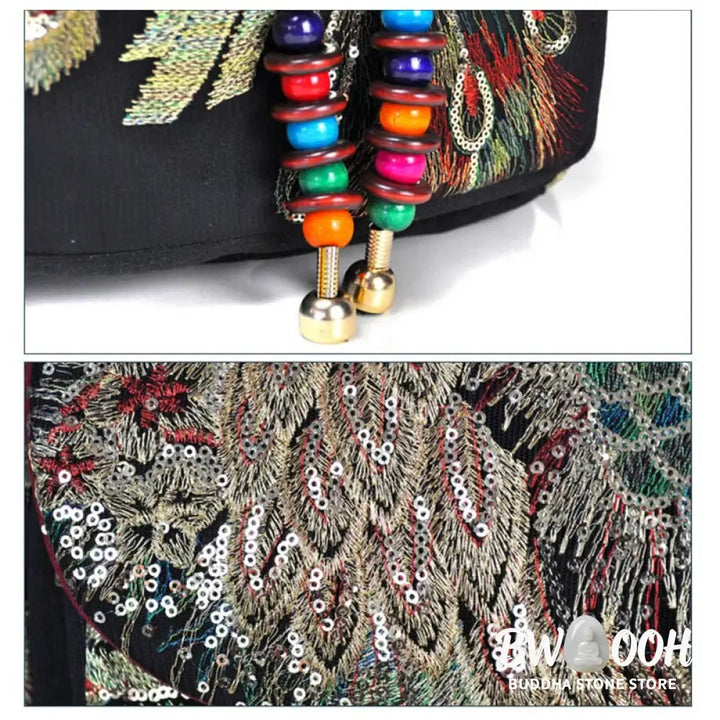 Buddha Stones Peacock Embroidery Canvas Tassel Backpack - Backpack