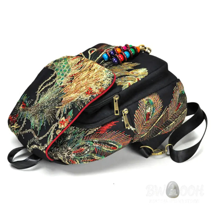 Buddha Stones Peacock Embroidery Canvas Tassel Backpack - Backpack