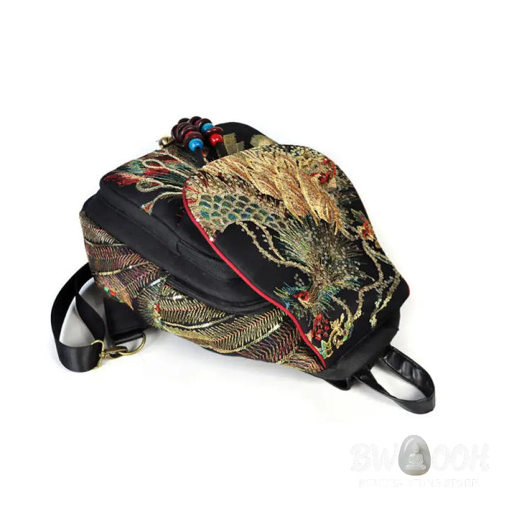 Buddha Stones Peacock Embroidery Canvas Tassel Backpack - Backpack
