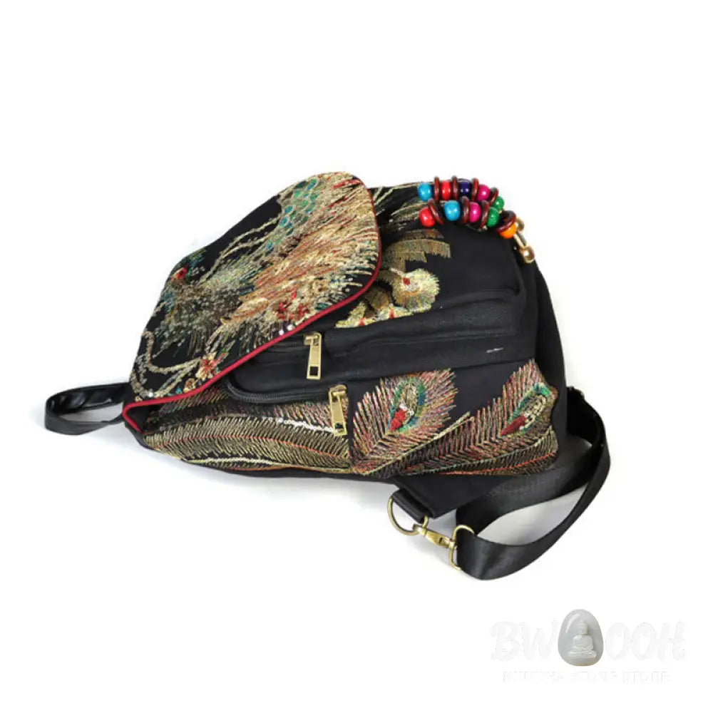 Buddha Stones Peacock Embroidery Canvas Tassel Backpack - Backpack