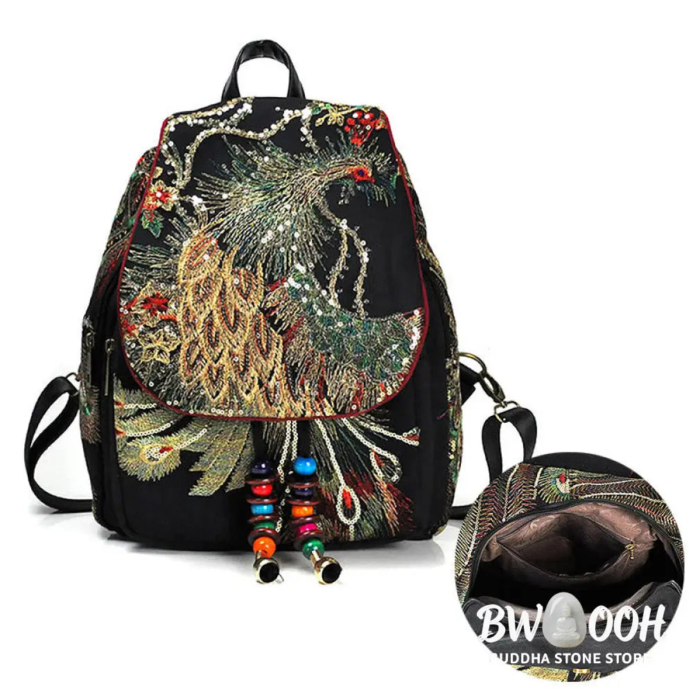 Buddha Stones Peacock Embroidery Canvas Tassel Backpack - Backpack