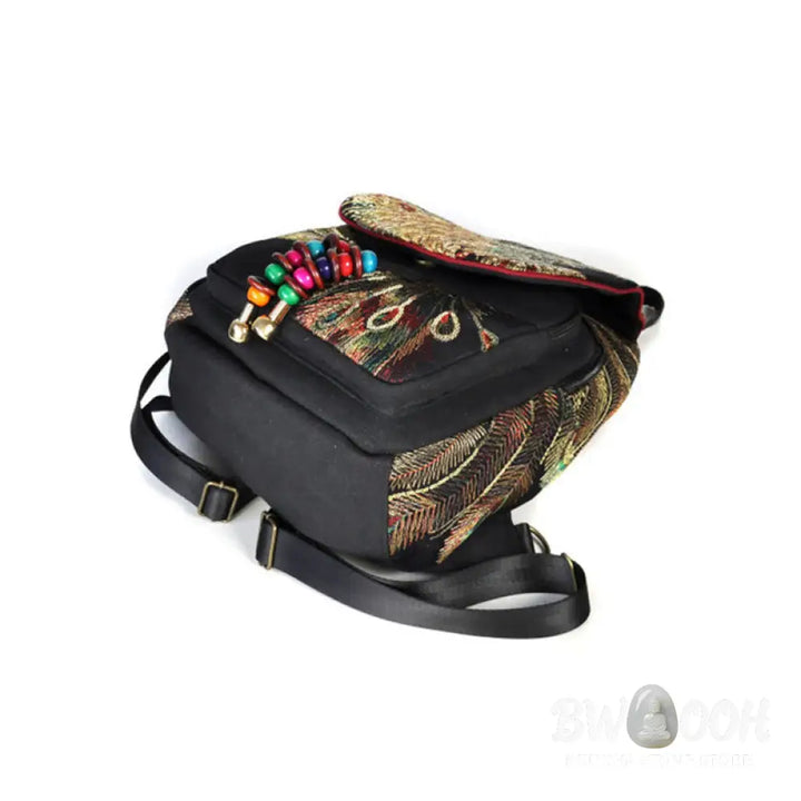 Buddha Stones Peacock Embroidery Canvas Tassel Backpack - Backpack
