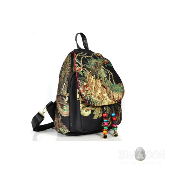 Buddha Stones Peacock Embroidery Canvas Tassel Backpack - Backpack