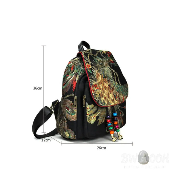 Buddha Stones Peacock Embroidery Canvas Tassel Backpack - Backpack