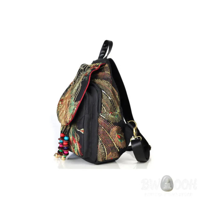 Buddha Stones Peacock Embroidery Canvas Tassel Backpack - Backpack
