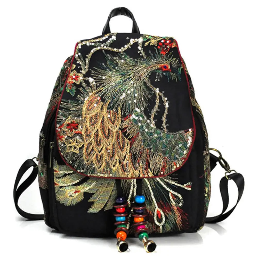 BWOOOH Peacock Embroidery Canvas Tassel Backpack